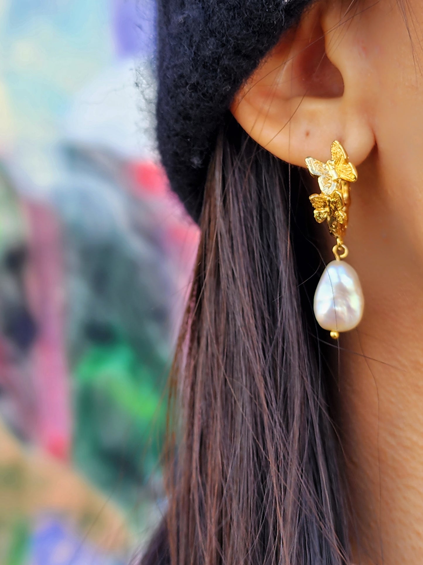 Freshwater Pearl Butterfly Earrings - Gold Vermeil