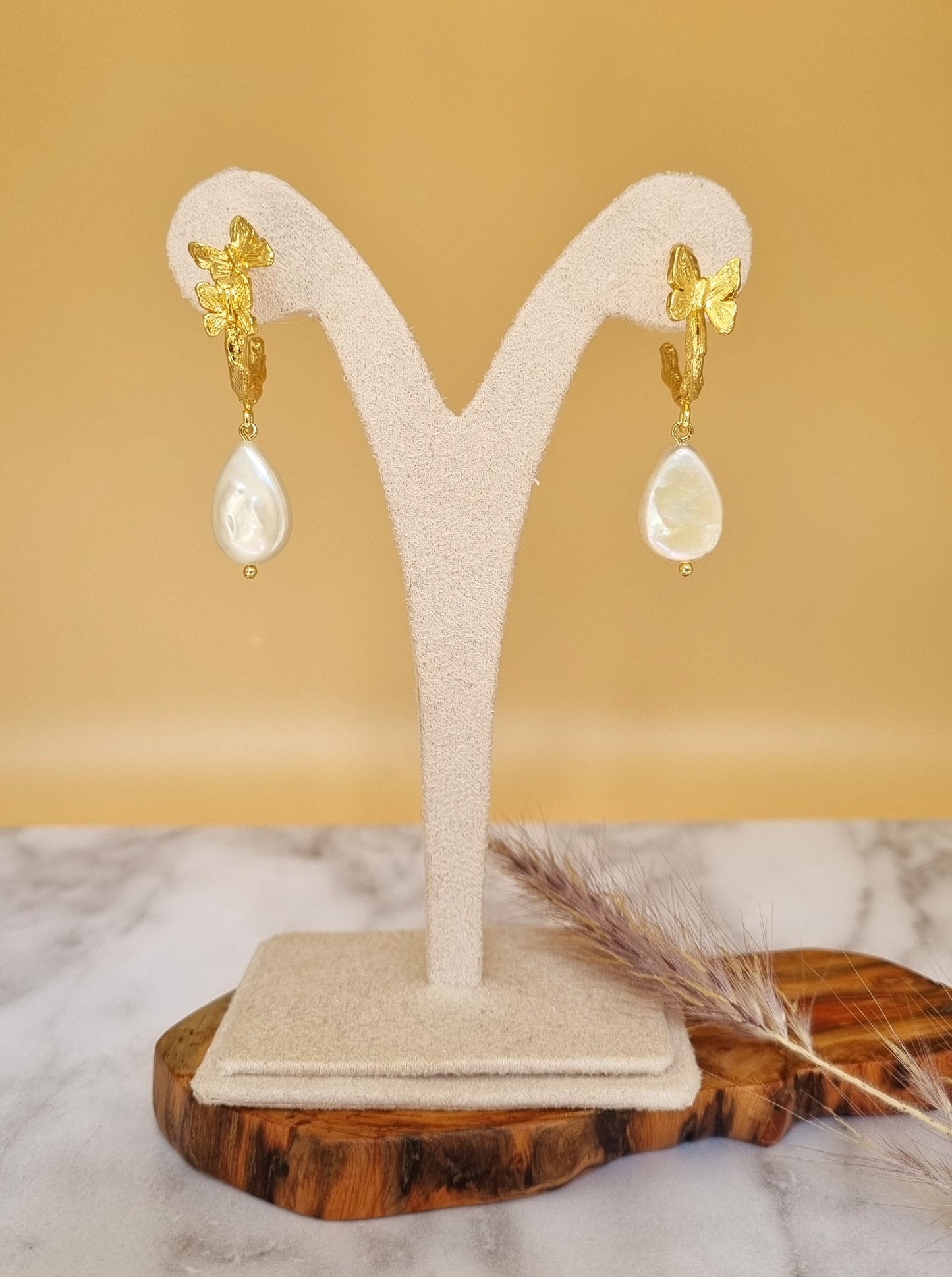 Freshwater Pearl Butterfly Earrings - Gold Vermeil