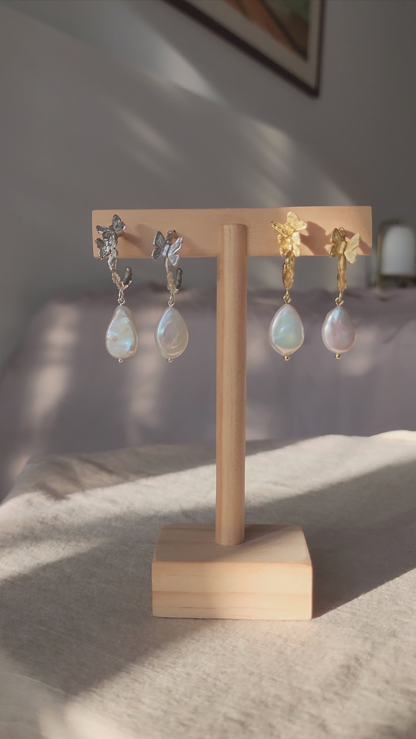 Load and play video in Gallery viewer, Freshwater Pearl Butterfly Earrings
